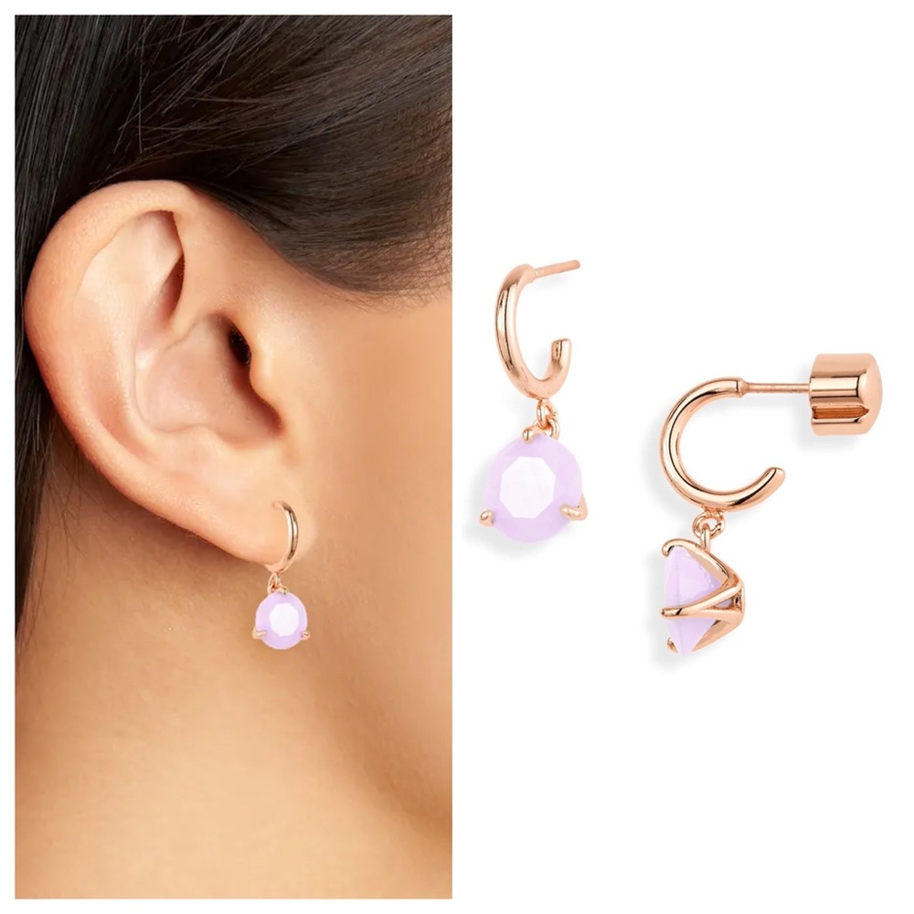Kate Spade Brilliant State Tri-Prong Huggie Hoop Earrings—Rose Gold / Opal Rose
